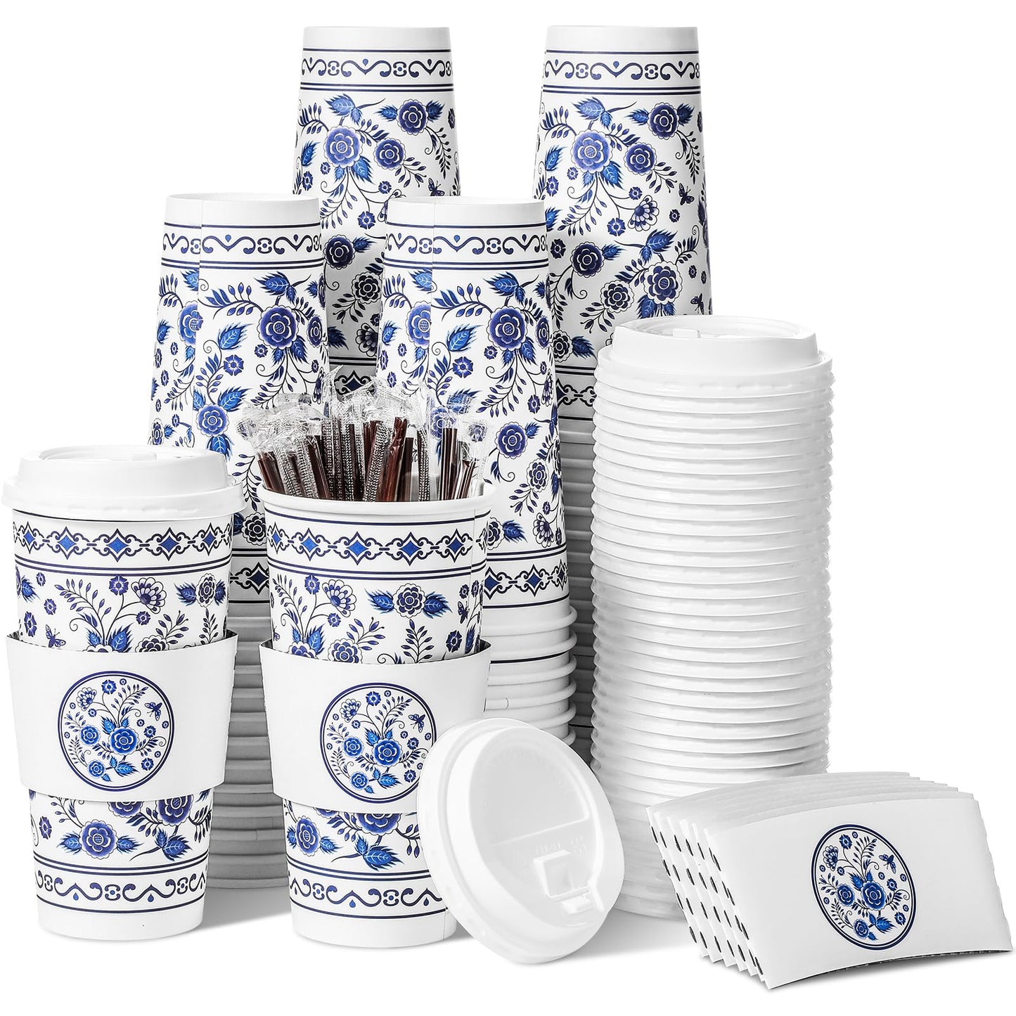 Sherr 100 Pack Paper Coffee Cups Disposable Coffee Cups with Lids Coffee Cups with Sleeves and Straws Blue and White Paper Coffee Cups Floral Pattern Paper Cups for Office, Home, Tea Party (20 oz)