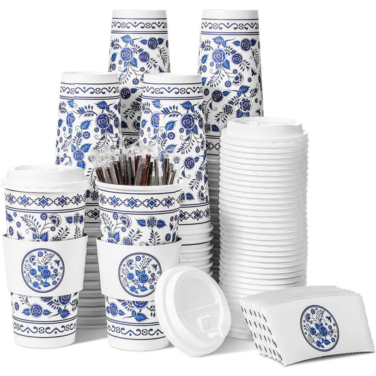 Sherr 100 Pack Paper Coffee Cups Disposable Coffee Cups with Lids Coffee Cups with Sleeves and Straws Blue and White Paper Coffee Cups Floral Pattern Paper Cups for Office, Home, Tea Party (20 oz)