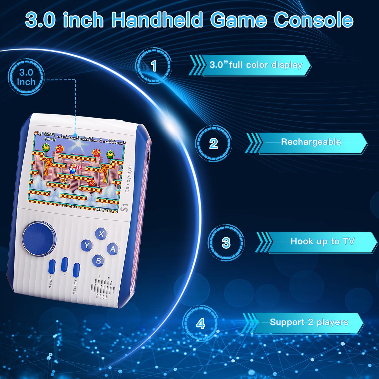 Handheld Game Console for Kids Adults, 3.0'' LCD Screen Retro Handheld Video Game Console, Preloaded 660 Classic Retro Video Games with Rechargeable Battery, Support 2 Players and TV Connection