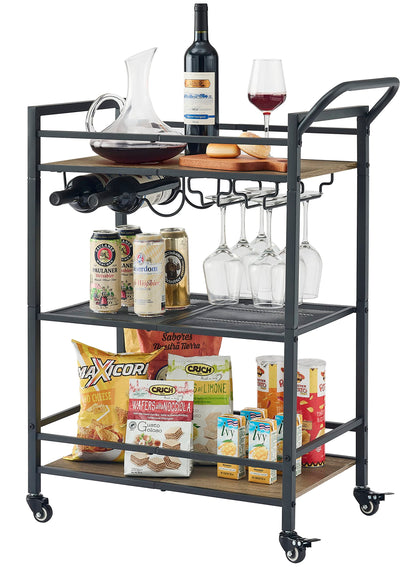 Tajsoon 3-Tier Bar Cart, Mobile Bar Serving Cart, Industrial Style Wine Cart for Kitchen, Beverage Cart with Wine Rack and Glass Holder, Rolling Drink Trolley for Living Room, Grey & Black
