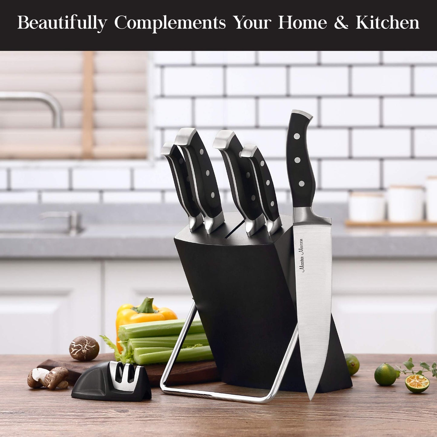 Master Maison 7-Piece Premium Black Kitchen Knife Set with Knife Block & Dual Knife Sharpener German Stainless Steel Knives | Professional Butcher Block Knife Set For Kitchen | Chef Knife Sets