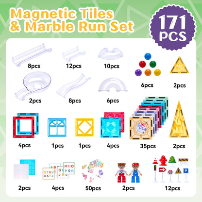 Magnetic Tile and Marble Run Set for Kids