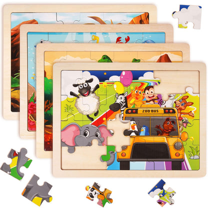 AXEARTE Wooden Puzzles for Kids Ages 3-5, 4 Packs 24 PCs Jigsaw Puzzles Montessori Toys, Dinosaur, Zoo, Sea Animals Wood Brain Teasers Boards Educational Toys for Boys and Girls