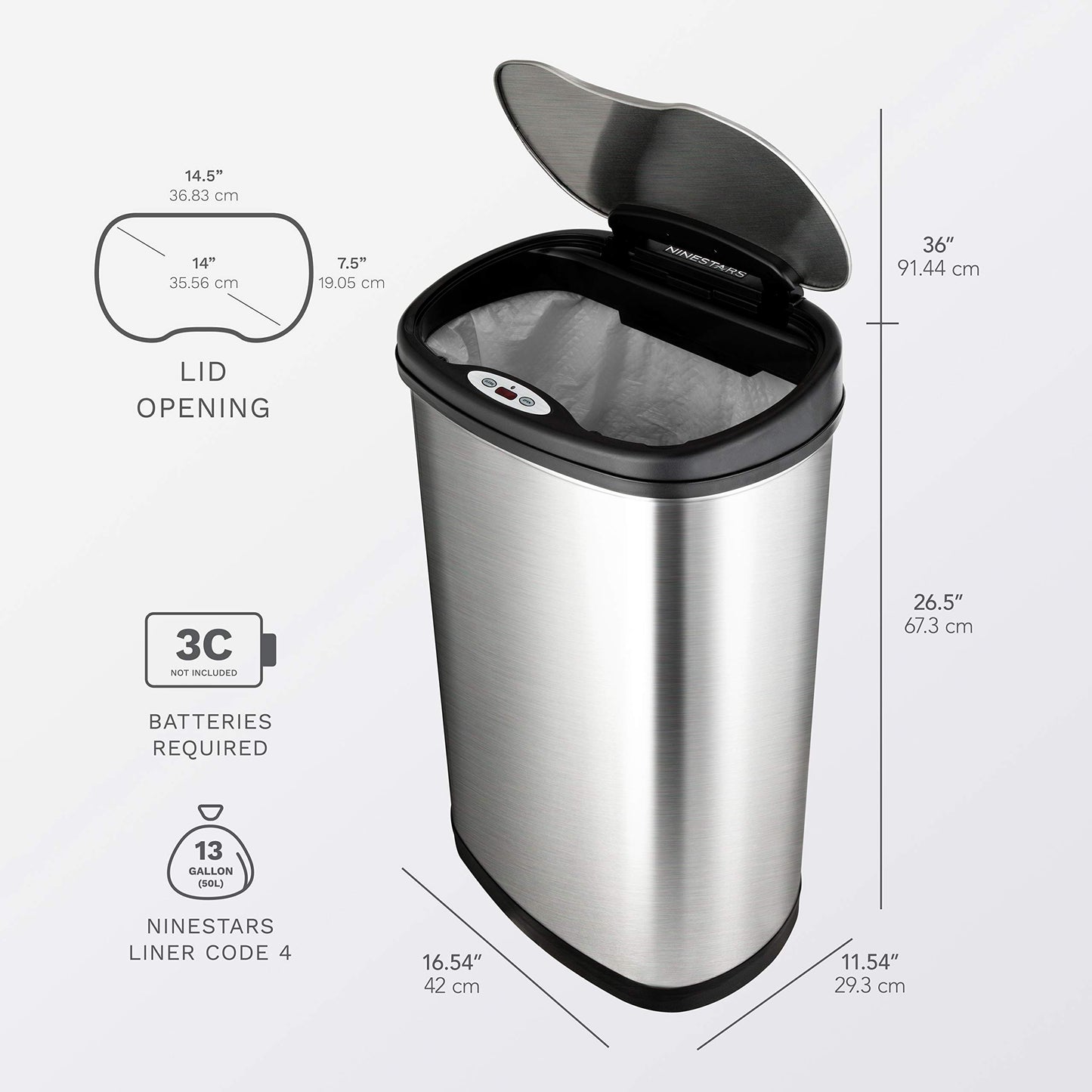 NINESTARS CB-DZT-50-13/12-13 Automatic Touchless Infrared Motion Sensor Trash Can Combo Set, 13 Gal 50L & 3 Gal 12L, Stainless Steel Base (Oval, Silver/Black Lid)