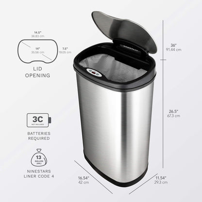 NINESTARS CB-DZT-50-13/12-13 Automatic Touchless Infrared Motion Sensor Trash Can Combo Set, 13 Gal 50L & 3 Gal 12L, Stainless Steel Base (Oval, Silver/Black Lid)