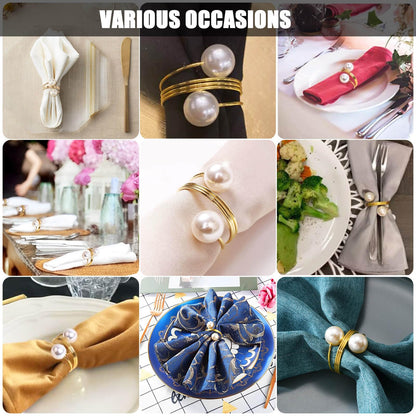 Pearl Gold Napkin Rings Set of 8, Round Metal Napkin Holders Buckles for Wedding Dinner Party Kitchen Table Setting Birthday Christmas Decorations