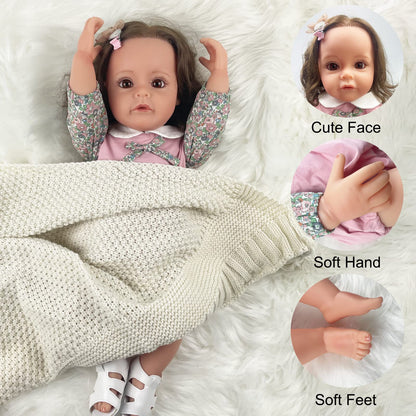 PLAYSKY Reborn Baby Dolls Girl, 22" Beautiful Lifelike Doll Full Body Vinyl Silicone with Long Hair for Kids, Realistic Newborn Baby Doll with Feeding Toy for Birthday Christmas