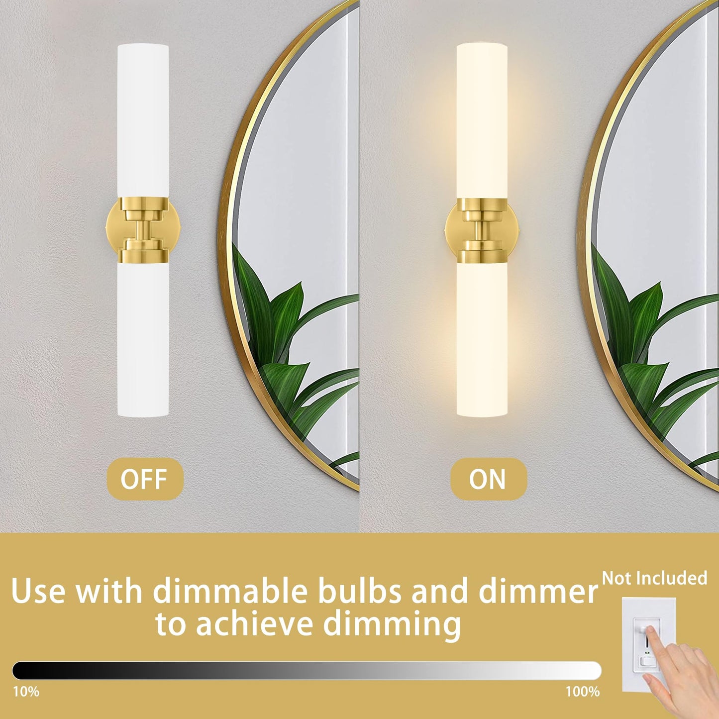 Winbarsign Gold Sconces Set of 2,Bathroom Vanity Lights Mid-Century Modern Vanity Lights,2-Light Bathroom Vanity Lights,Brass Gold Wall Sconces with Frosted Glass for Bathroom, Livingroom, Hallway