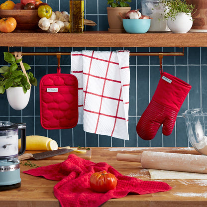 KitchenAid Quilted Cotton Terry Cloth Oven Mitt, Pot Holder Heat Resistant, 16"x26", 7"x13" & 7"x10", Passion Red