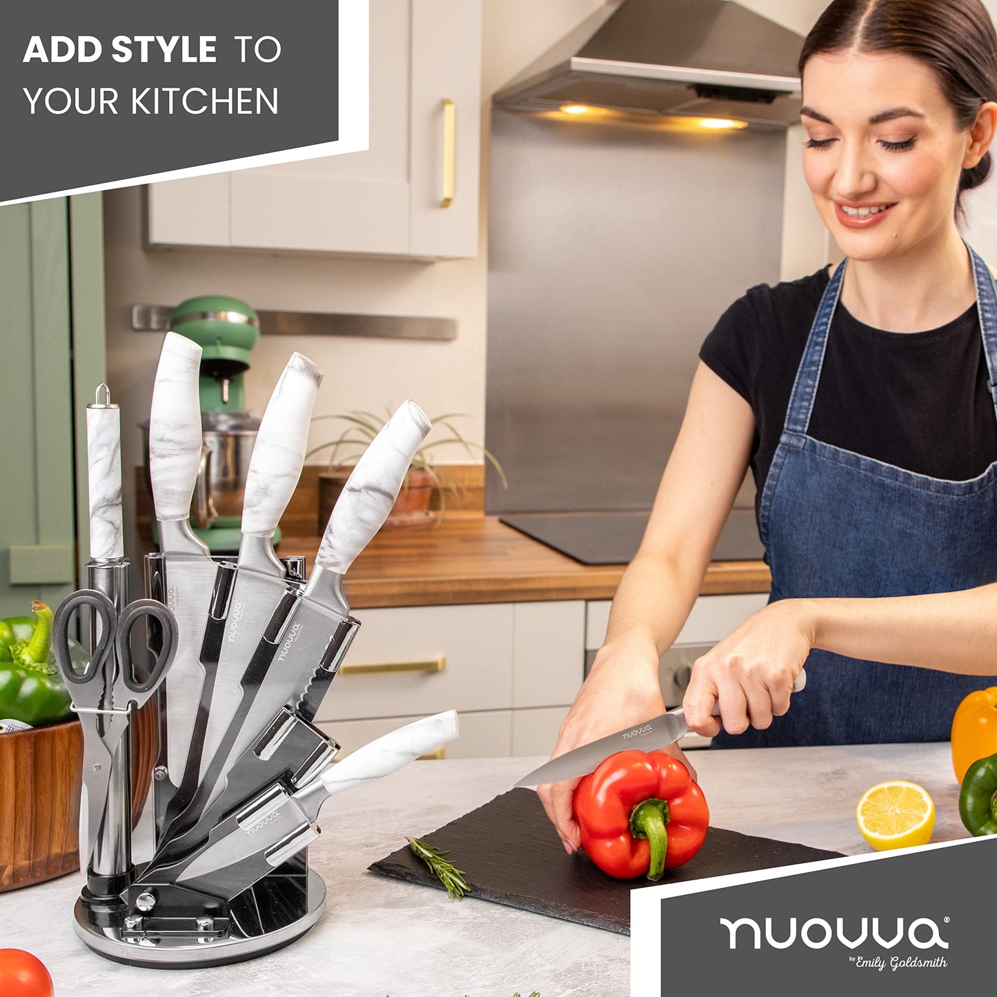 Professional Kitchen Knife Set – 7pcs Calcutta Marble Kitchen Knives – 360 Degree Rotating Knife Block Sharp Stainless Steel Blades – by Nuovva