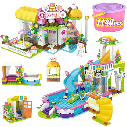 1140 Pieces Friends Summer Pool Party Coffee House Building Kit, STEM Creative Friends House Building Blocks with Storage Box, Fun Building Toys Gift for Kids, Girls and Boys 6+ Year Old