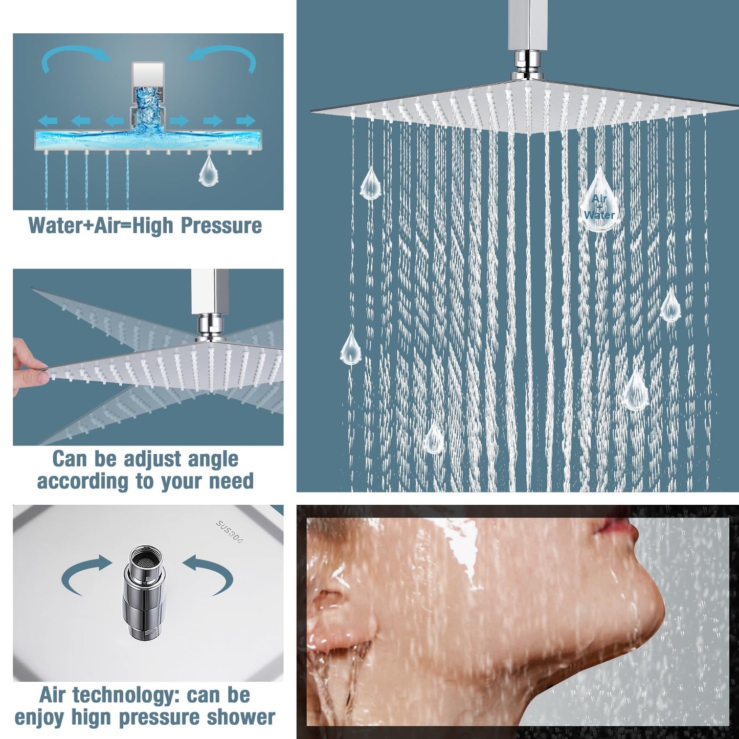 Qomolangma 10 inch Rain Shower System, Ceiling Mounted Bathroom Shower Faucet Set with Pressure Balance Valve, 2-Functions Shower Systems with Rain Shower and Handheld Spray Shower Trim Included