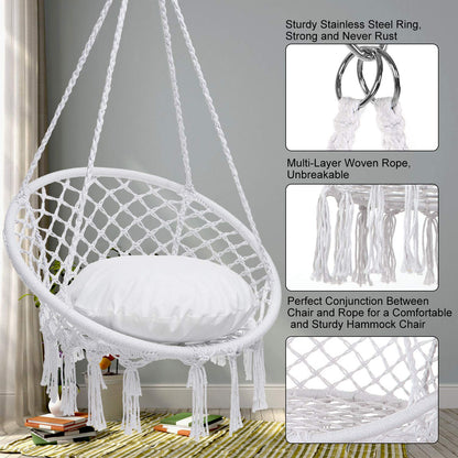 Y- Stop Hammock Chair Macrame Swing Chair, Max 330 Lbs, Hanging Chair Cotton Rope Hammock Chair Swing for Indoor and Outdoor Use, White