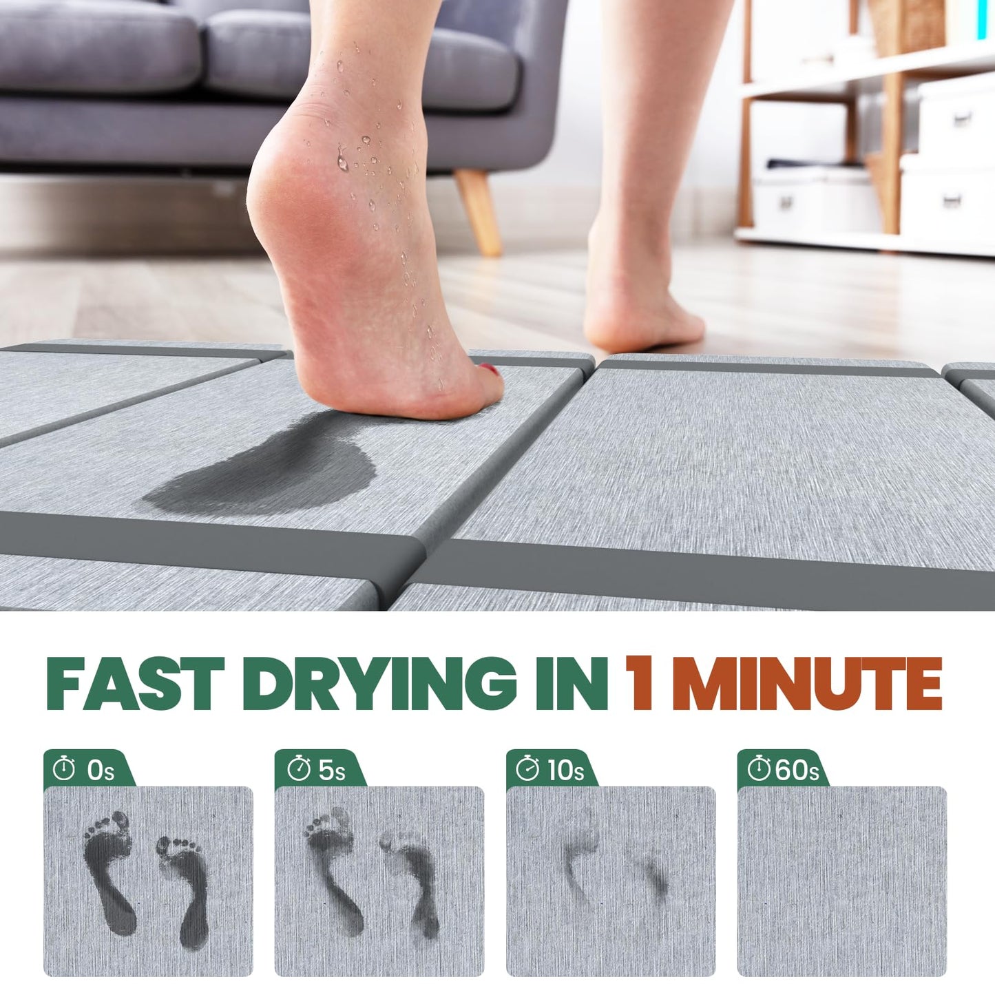 WALL QMER Foldable Stone Bath Mat, Fast Drying and Non-Slip Natural Diatomaceous Earth Mat, Multifunctional Eco-Friendly Stone Mat for Bathroom, Kitchen, 24.50" x 15.35", Light Gray