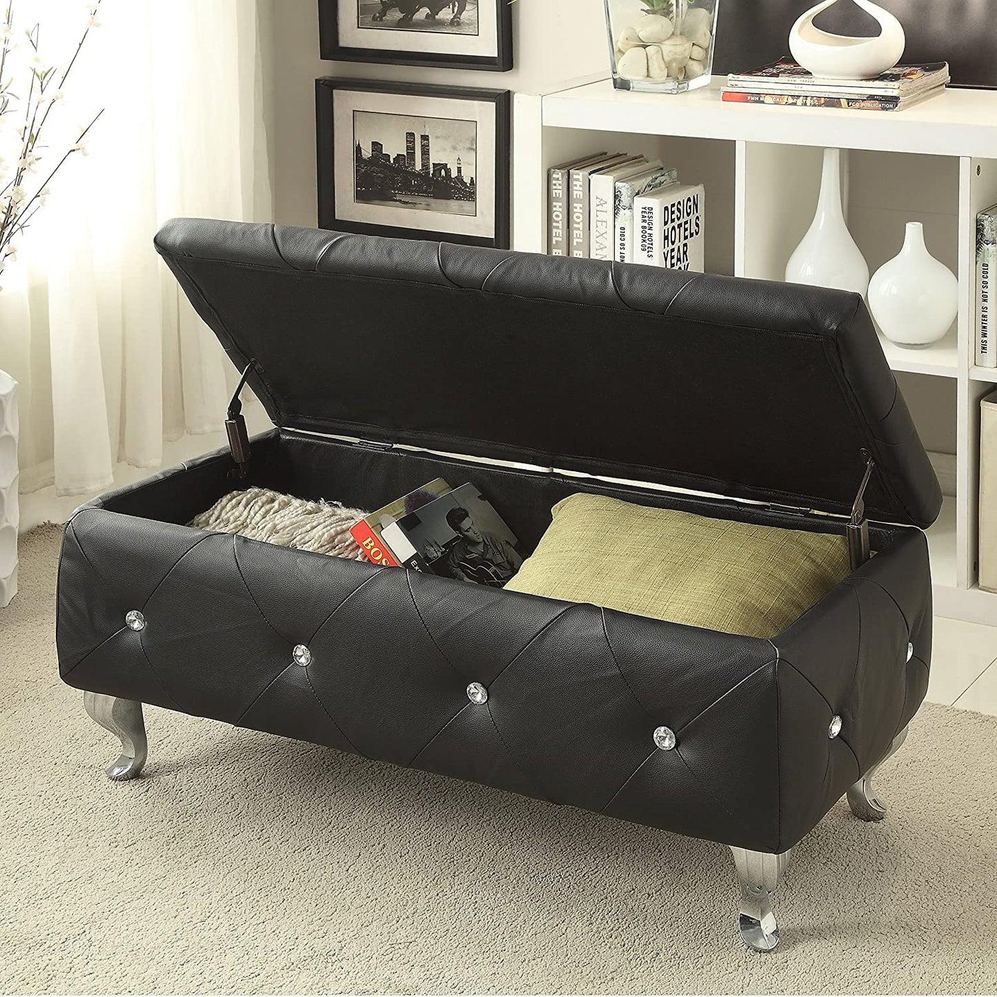 AC Pacific Tufted Faux Leather Storage Ottoman