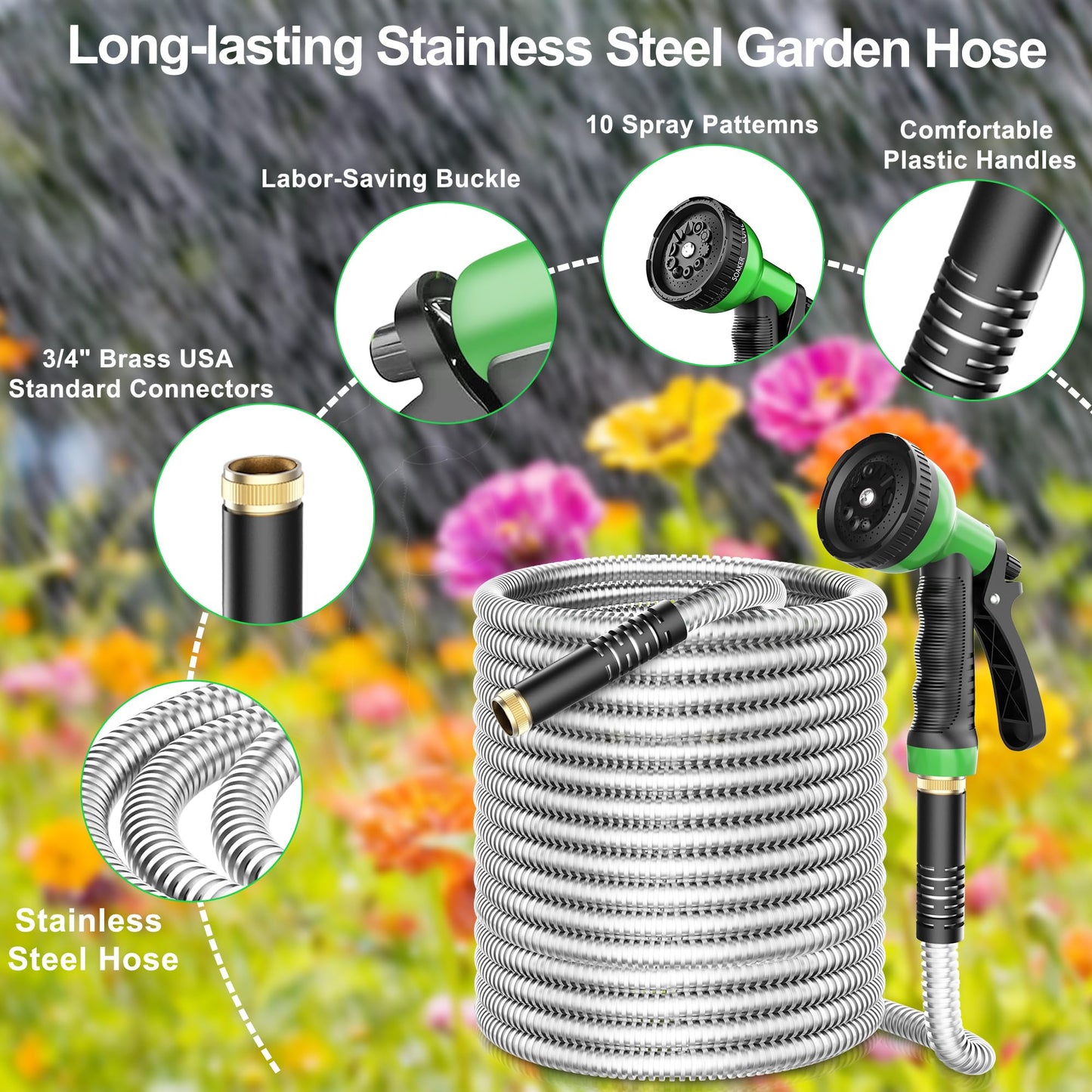 EONFAY 50ft Stainless Steel Garden Hose with Nozzle