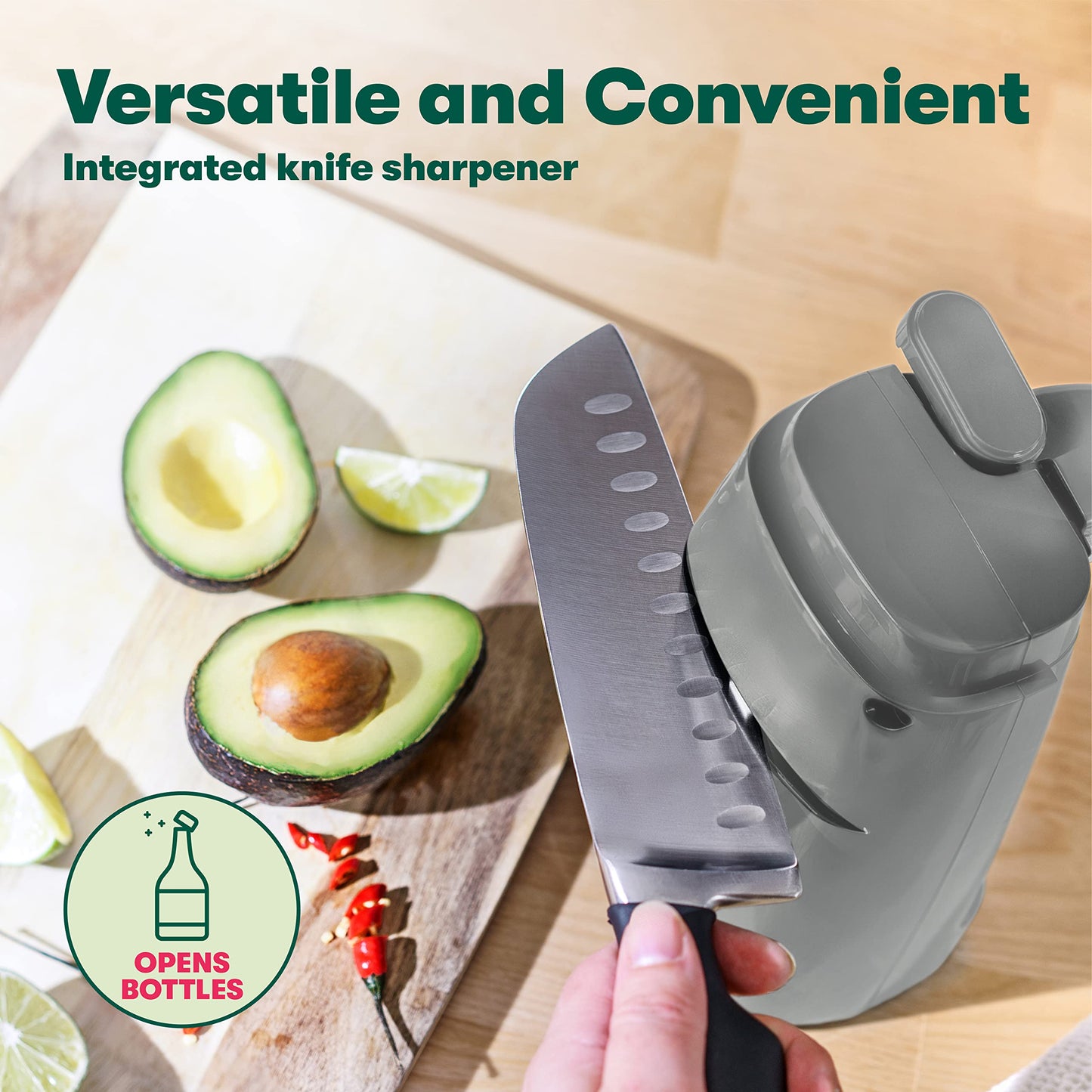 BELLA Electric Can Opener and Knife Sharpener, Multifunctional Jar and Bottle Opener with Removable Cutting Lever and Cord Storage, Stainless Steel Blade, Gray