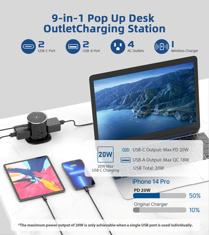 9-in-1 Pop Up Outlet with Wireless Charger