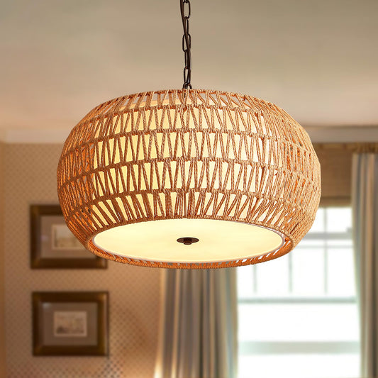 7PMBEANE Rattan Chandeliers for Dining Room, 5-Lights Woven Wicker Boho Chandelier Light Fixture with Fabric Shade,Rustic Pendant Light for Kitchen Island Bedroom Living Room
