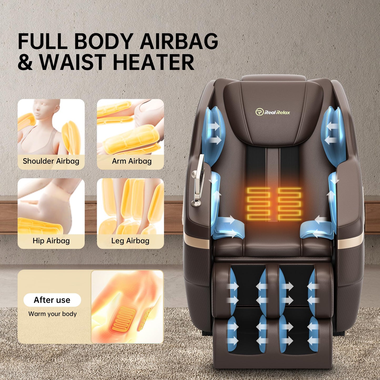 Real Relax 2024 Massage Chair, Full Body Massage Zero Gravity Mode, with Foot Massage, Bluetooth, LCD, Waist Heater, Brown