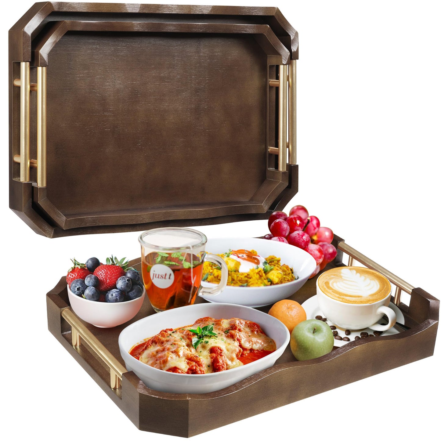 QooWare Bamboo Serving Tray Set of 2, Elegant Natural Bamboo Trays with Rose Gold Handles & Wave Edge Design, Ottoman Tray for Serving Food, Tea, Drinks and Home Decor Organization, Walnut Brown