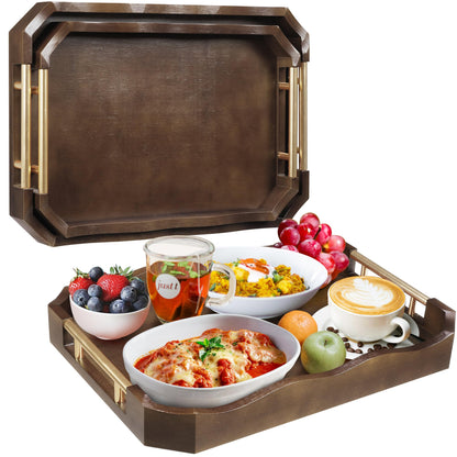 QooWare Bamboo Serving Tray Set of 2, Elegant Natural Bamboo Trays with Rose Gold Handles & Wave Edge Design, Ottoman Tray for Serving Food, Tea, Drinks and Home Decor Organization, Walnut Brown