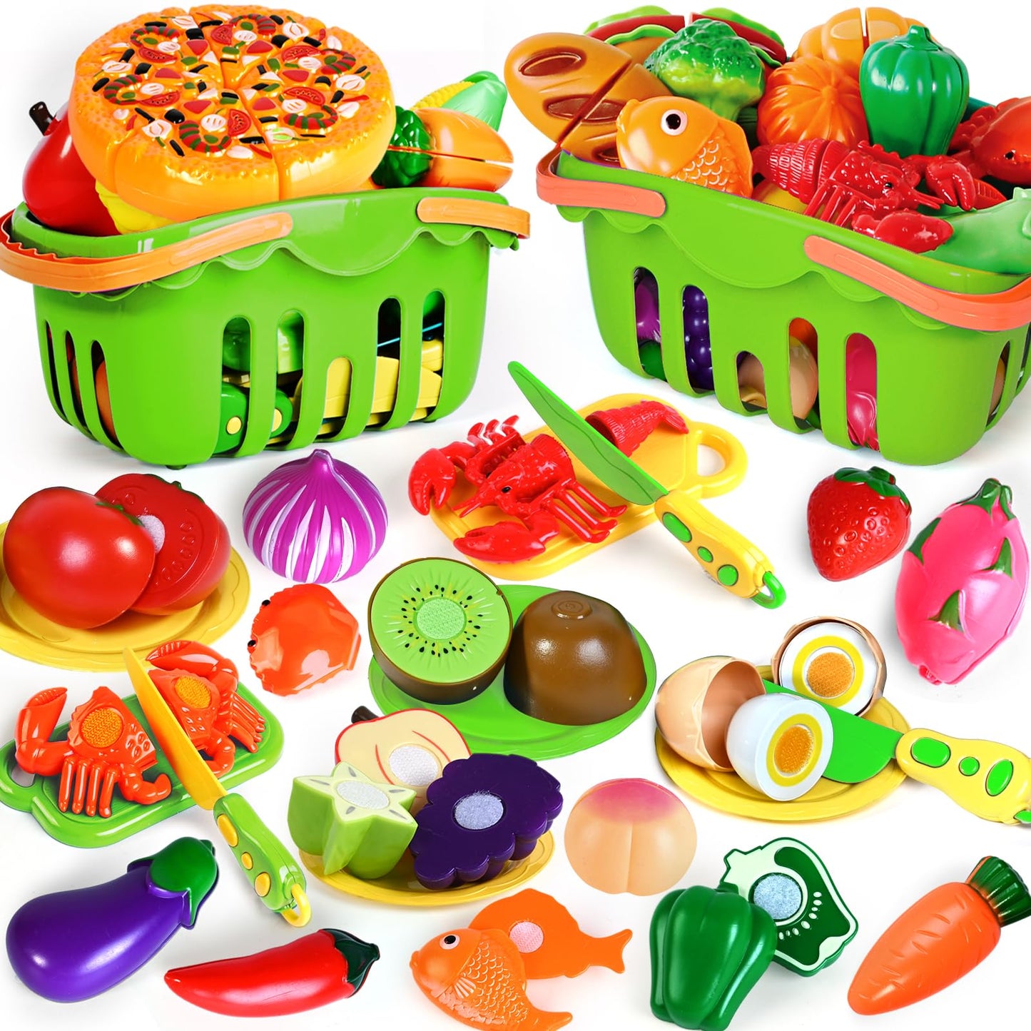 100 PCS Cutting Play Food Toy for Kids Kitchen, Pretend Food Kitchen Toys Accessories with 2 Baskets, Fake Food/Fruit/Vegetable, Christmas Birthday Gifts for 2 3 4 5 Years Old Toddlers Boys Girls