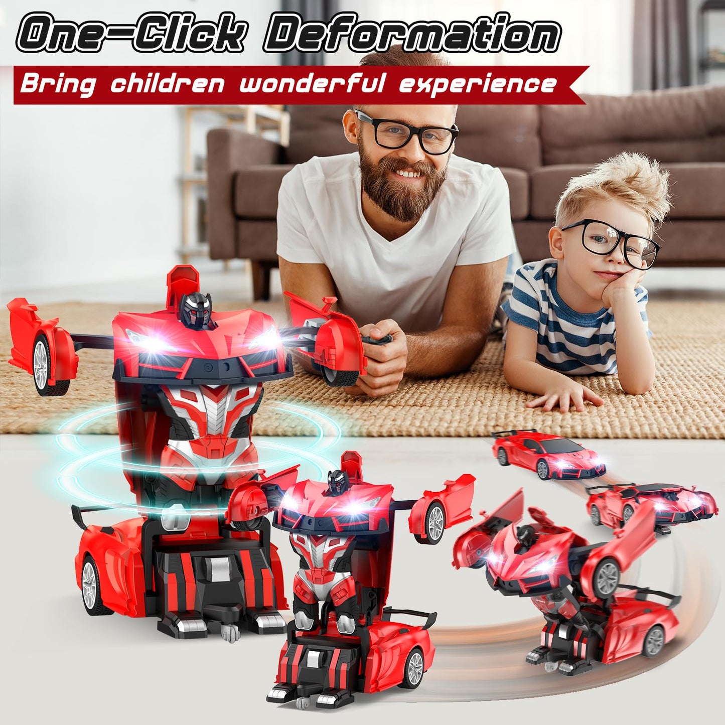 Qumcou Remote Control Car, Transform Robot RC Cars with Cool Headlights, 2.4Ghz kids Toys Car with 360 Degree Rotation and One-Button Deformation, Christmas Birthday Gifts for Boys Girls, Red