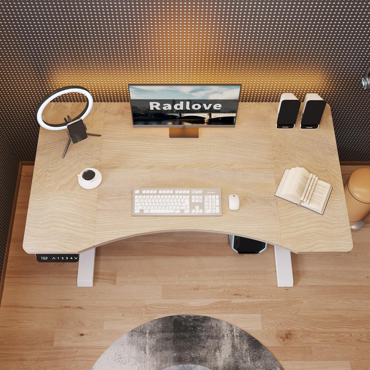 Radlove Dual Motors Height Adjustable 55 x 30'' Electric Standing Desk with Curved Design Stand Up Table 4 Memory Keys, Computer Desk with Splice Board Home Office Desk, Oak Top + White Frame