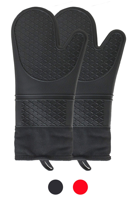 EHOMEA2Z Silicone Oven Mitts Pot Holders Heat Resistant Extra Long 2 Pcs Kitchen Cooking BBQ Black (14.5, Black)