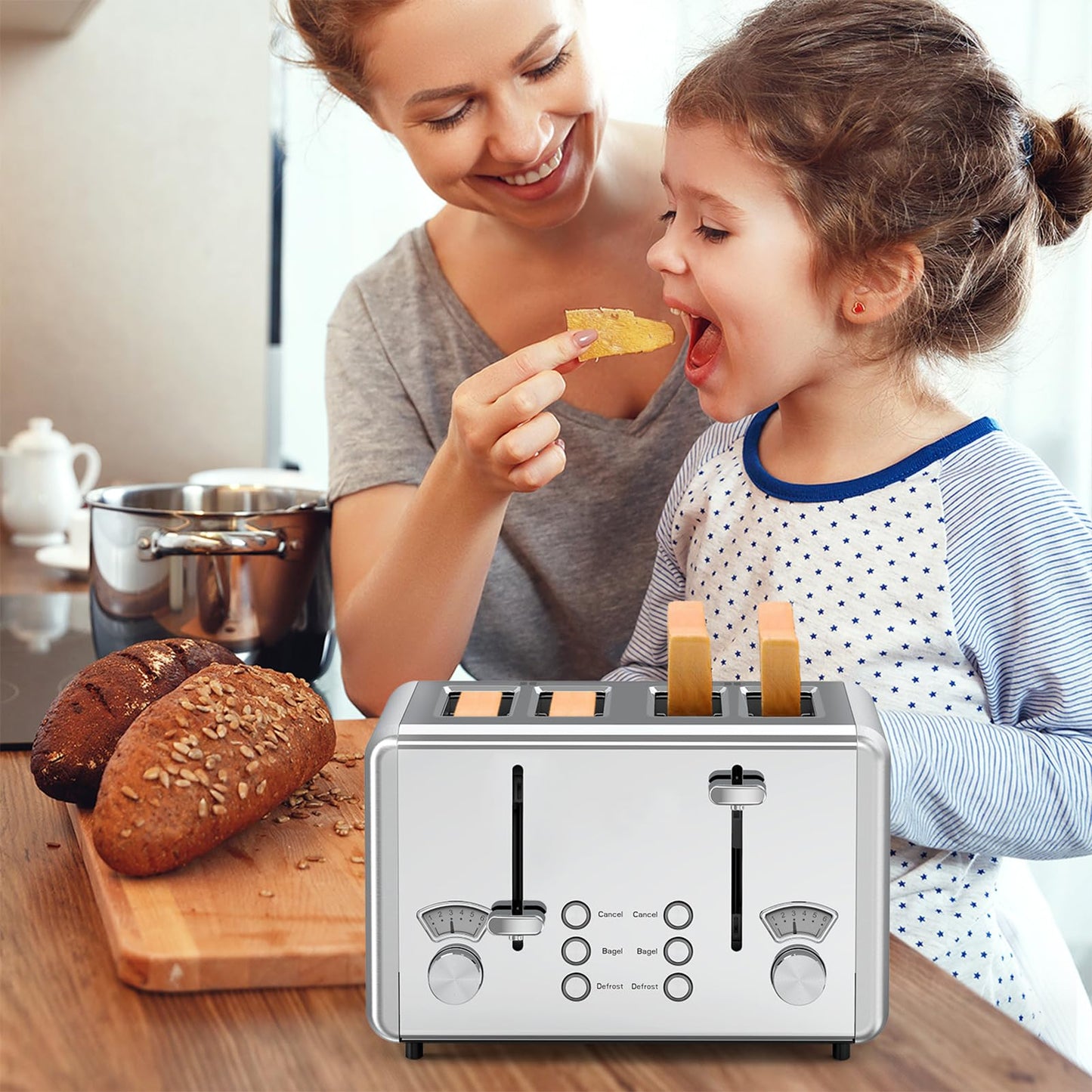 WHALL Toaster Stainless Steel, 6 Bread Shade Settings, Bagel/Defrost/Cancel Function, 1.5in Wide Slot, High Lift Lever, Removable Crumb Tray, for Various Bread Types(silver)