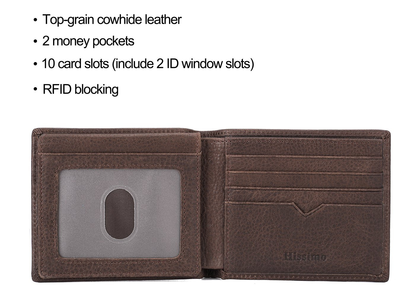 Mens Wallet Genuine Leather Bifold RFID Blocking Wallet with 2 ID Window Slots - Coffee