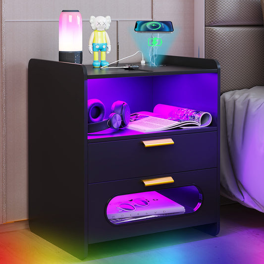 Gurexl RGB Nightstand with Wireless Charging Station and USB Ports Auto Sensor LED 24 Color Dimmable for Bedroom Furniture,Modern End Side Bedside Table with Human Body Sensor Function