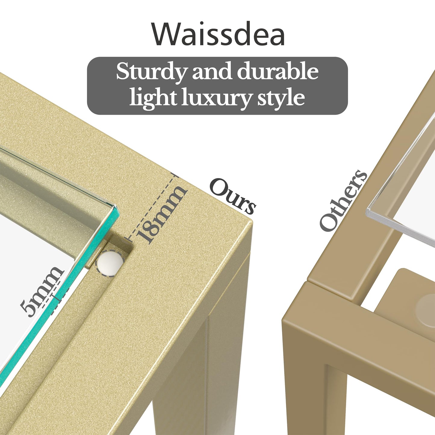Waissdea 2-Tier Side Table，Mobile Side Table, End Tables with Tempered Glass, Narrow Side Table with Storage Shelves, for Living Room Bedroom Home Decor (Gold)