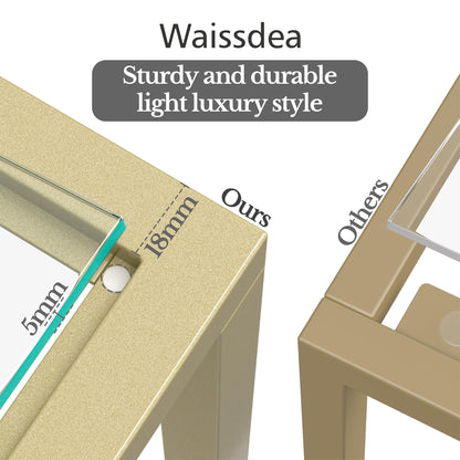 Waissdea 2-Tier Side Table，Mobile Side Table, End Tables with Tempered Glass, Narrow Side Table with Storage Shelves, for Living Room Bedroom Home Decor (Gold)