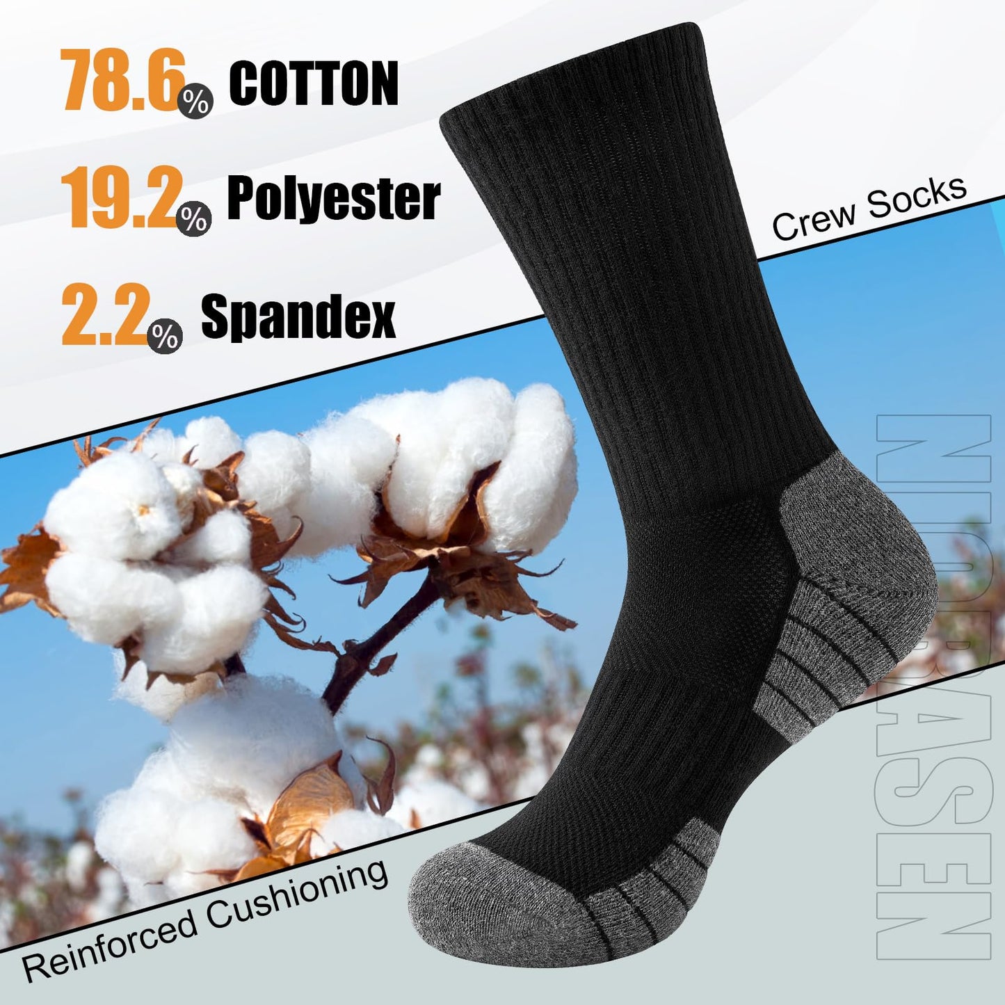 Niorasen Cushioned Athletic Crew Socks, 6 Pairs