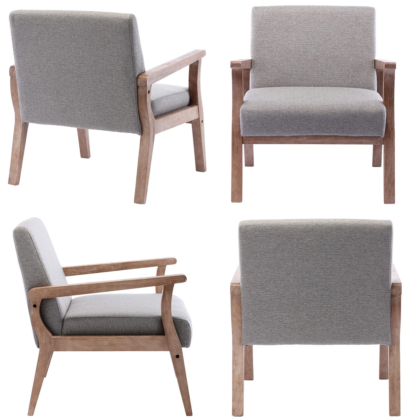 HNY Mid Century Armchair with Hardwood Frames, Linen Upholstered Living Room Chair, for Living Room Bedroom, Light Grey