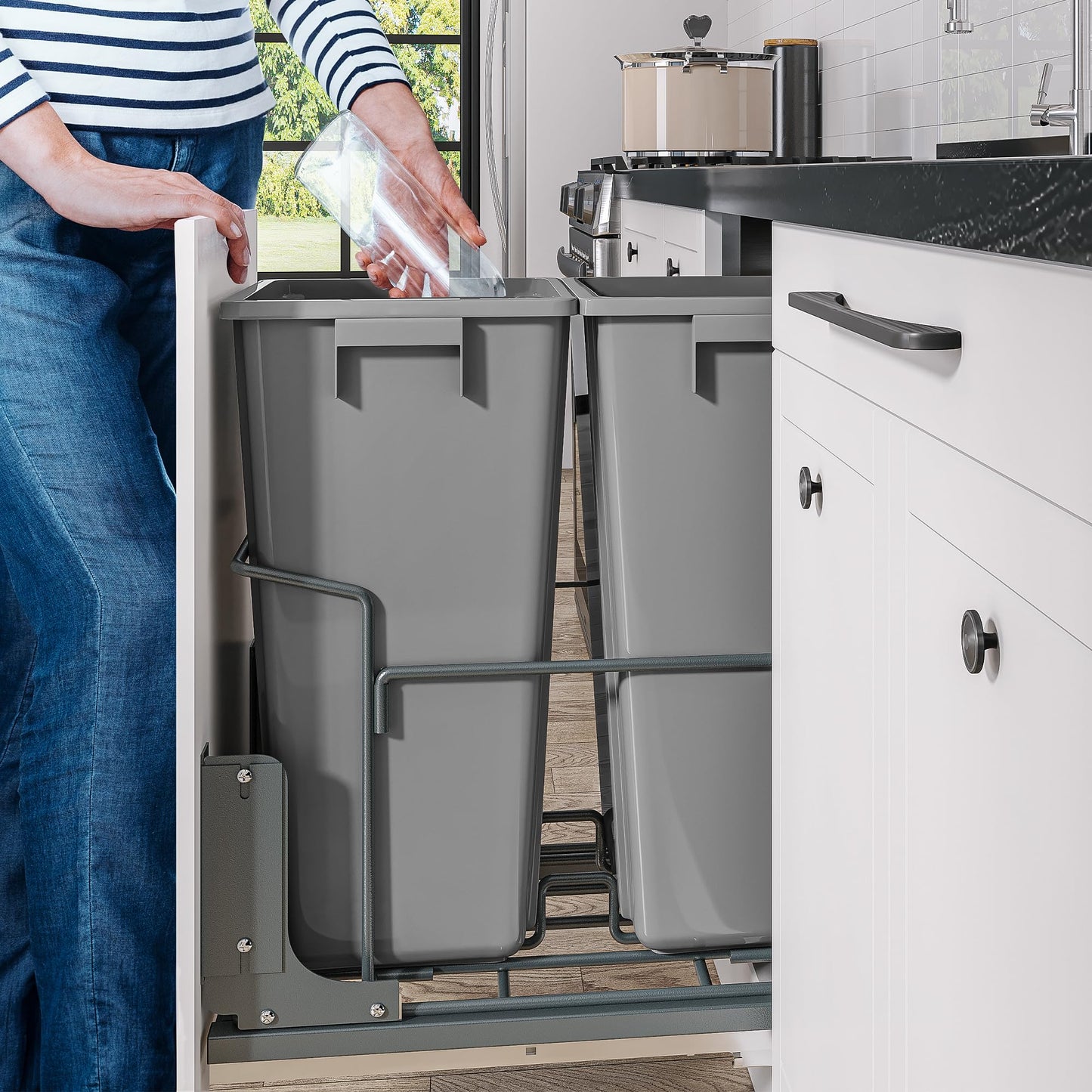 YITAHOME Double 37 Quart Pull-Out Trash Can Recycling Bin with Soft-Close Slides Minimum Cabinets, Sliding Under Mount Kitchen Waste Garbage Container for 19.3" W x 25.2" D x 25" H, Dull Gray