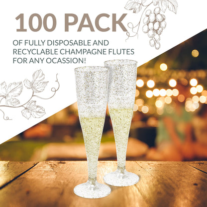Reli. (100 Bulk Pack Gold Glitter Plastic Champagne Flutes 4.5 Oz | Clear Plastic Champagne Glasses/Flutes | Disposable, BPA-Free, Shatterproof | Perfect for Mimosa, Cocktail, Wedding, Party Toasting
