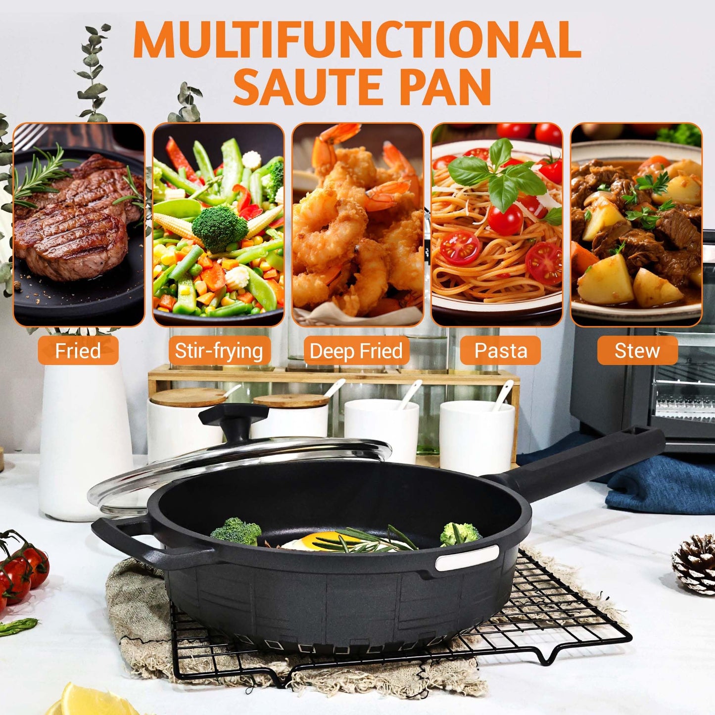 Wodillo Deep Frying Pan with Lid, Nonstick Saute Pan 10inch 2Pcs Kitchen Cookware Sets, Skillet Induction Compatible With Nonstick Marble Coating, 100% APEO&PFOA-Free