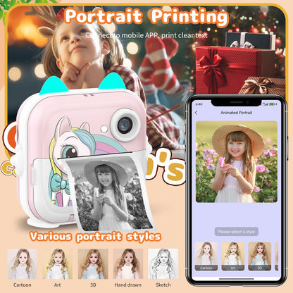 Instant Print Camera for Kids, Christmas Birthday Gifts for Girls Boys, Selfie Digital Camera with 1080P Videos, Portable Travel Camera Toy for 6+ Years Old Girl with Print Paper & 32G Card