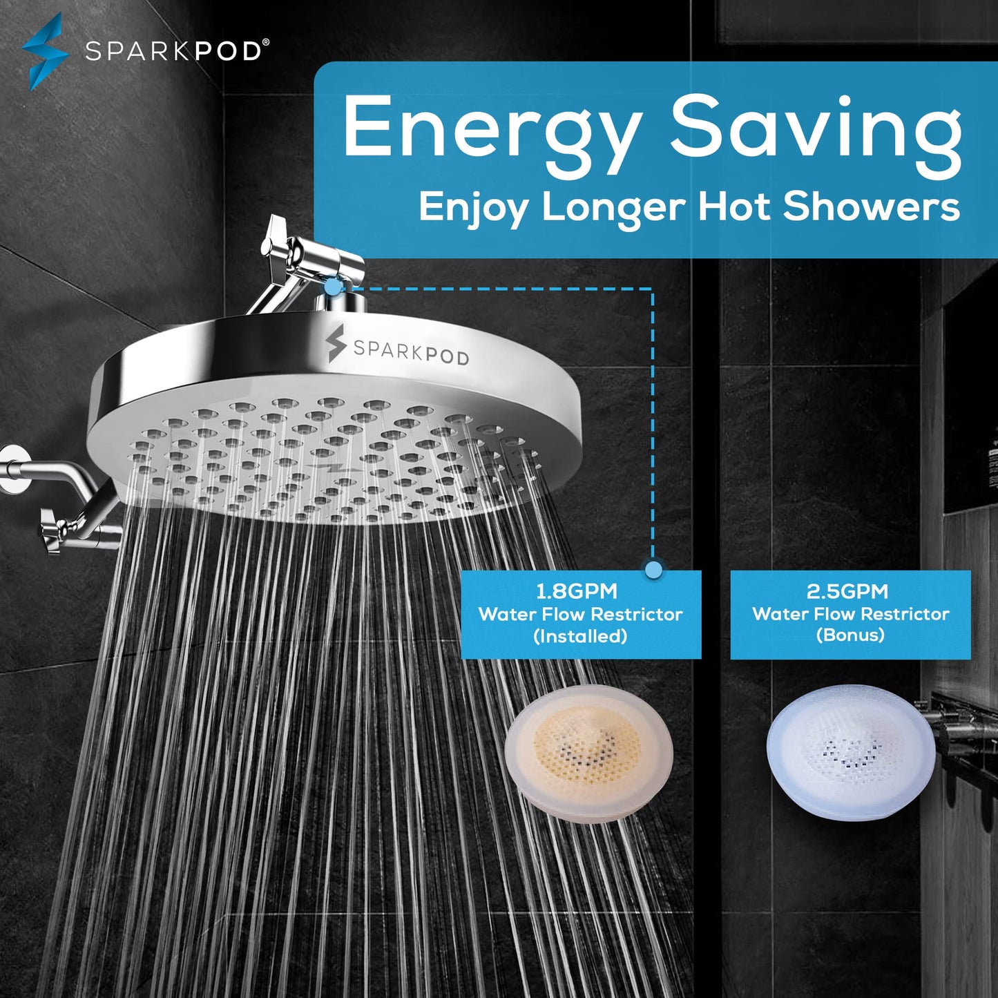 SparkPod Shower Head - High Pressure Rain - Premium Quality Luxury Design - 1-Min Install - Easy Clean Adjustable Replacement for Your Bathroom Shower Heads (8" Round, White Marble)