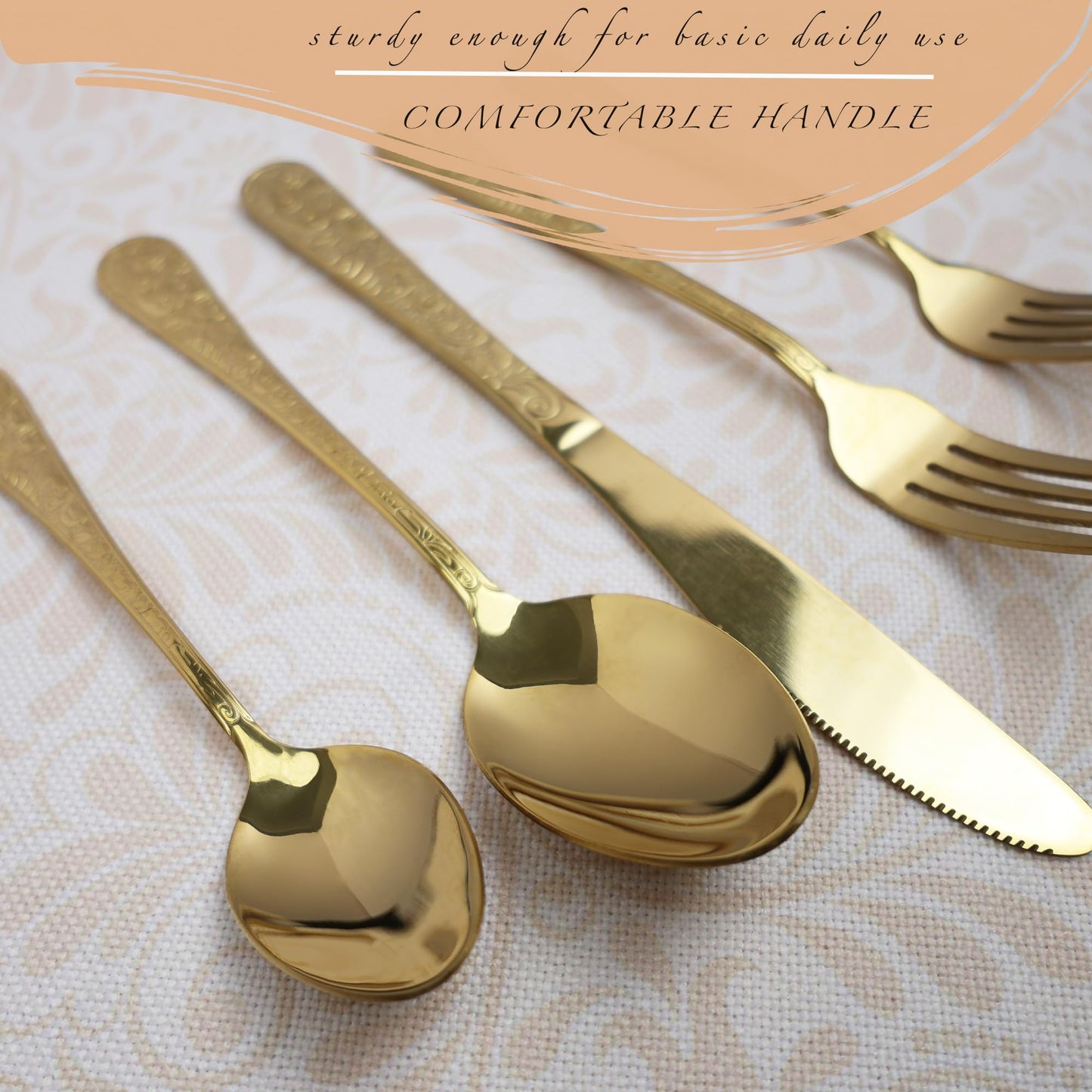 Runfly Vintage Carved Gold Stainless Steel 20 Pieces Flatware Set, Golden Silverware Set, Modern Embossed Cutlery Set Utensils Including Fork Spoon and Knife