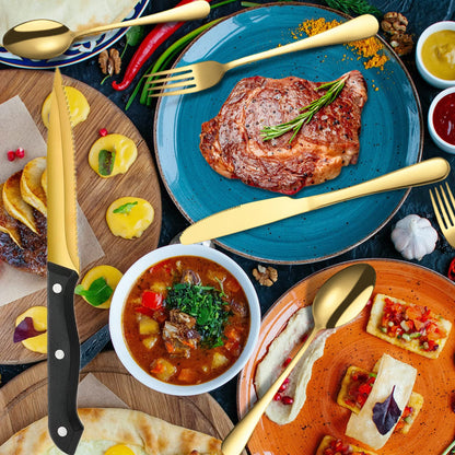 A · HOUSEWARE Gold Flatware Set For 4 With Steak Knives 24 Piece Stainless Steel Silverware Forks and Spoons Kitchen Daily Use Festival Parties Casual or Formal Occasions…