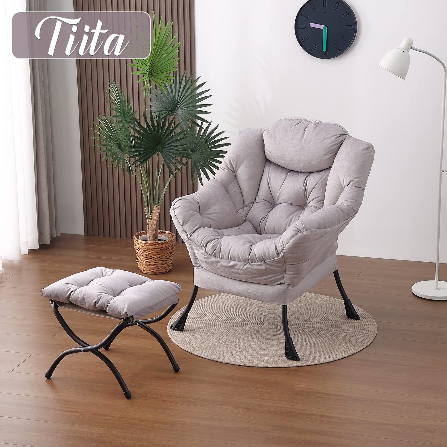 Tiita Lazy Chair with Ottoman, Modern Large Accent Lounge Chair, Leisure Sofa Armchair with Ottoman, Reading Chair with Footrest for Bedroom, Living Room, Dorm Rooms, Garden and Courtyard