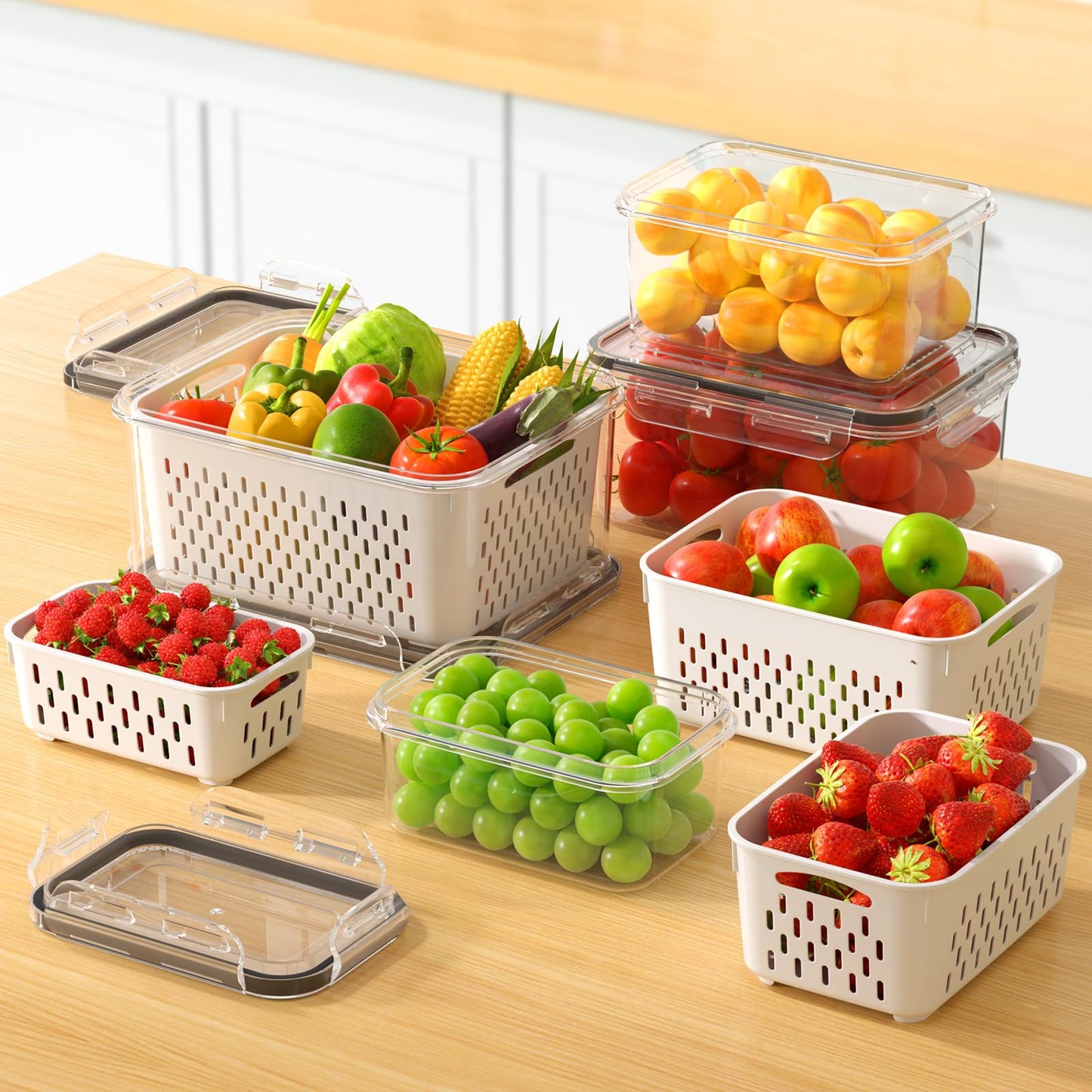 KEMETHY 4 Pcs Large Fruit Storage Containers For Fridge with Removable Colanders, Airtight Food Storage Container, BPA-Free, Dishwasher & Microwave Safe, Keep Berry Fruit Vegetable, Meat Fresh Longer