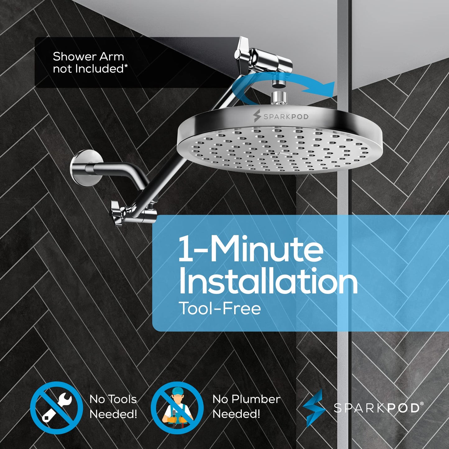 SparkPod Shower Head - High Pressure Rain - Premium Quality Luxury Design - 1-Min Install - Easy Clean Adjustable Replacement for Your Bathroom Shower Heads (8" Round, White Marble)