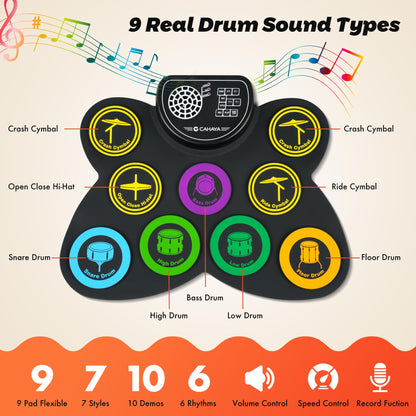 CAHAYA Electronic Drum Pad Set: Roll-up 9-Pads Portable Electric Practice Drum Pads With Built-in Speaker Drum Sticks Foot Pedals Gifts for Kids CY00370-1