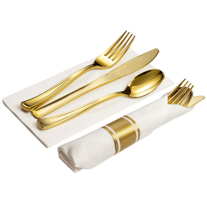 Prestee 50 Pre Rolled Gold Plastic Silverware Sets for Parties, 200pc Set, 50 Guests - Wrapped Disposable Silverware Set w/Forks, Knives, Spoons, White Napkins -Decorative Flatware for Party, Wedding