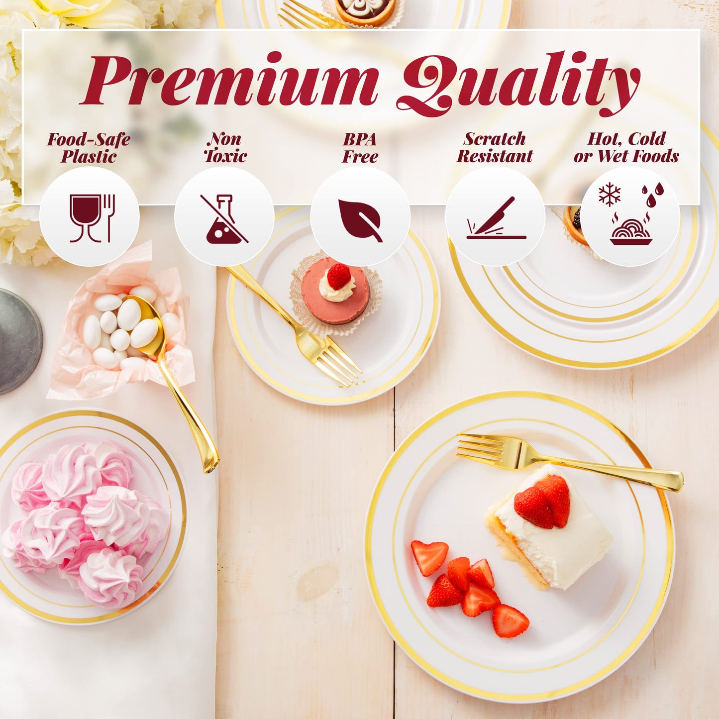 Prestee 350 Piece Disposible Dinnerware Set for 50 Guests - Gold - Reusable Party Supplies Set incl. 50 Big Dinner Plates, 50 Small Salad Plates, 50 Knives, 50 Forks, 50 Spoons, 50 Cups and 50 Napkins